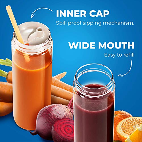 Komax Reusable Juice Bottles, Set of 4 Leak-Proof Juice Containers with Lids for Fridge, BPA-Free Plastic Smoothie Bottle Set, Dishwasher-Safe Wide Mouth Juicing Bottles (18.5 oz)