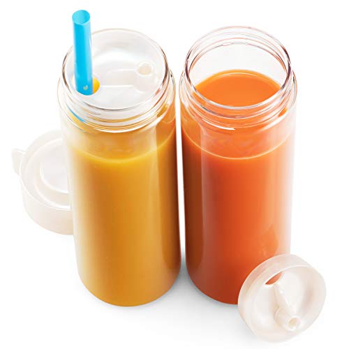Komax Reusable Juice Bottles, Set of 4 Leak-Proof Juice Containers with Lids for Fridge, BPA-Free Plastic Smoothie Bottle Set, Dishwasher-Safe Wide Mouth Juicing Bottles (18.5 oz)