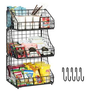 stackable tea bag organizer with removable divider and hooks wall mount 3 tier metal wire storage basket countertop coffee condiment snack holder rack for home office kitchen cabinet pantry black