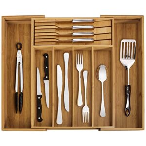 taounoa bamboo drawer organizer – expandable utensil organizer adjustable silverware organizer for kitchen drawers, cutlery organizer with removable knife block