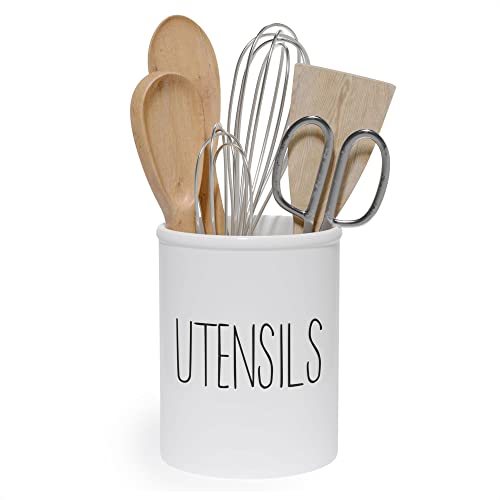 Barnyard Designs Ceramic Farmhouse Kitchen Utensil Holder for Countertop, Decorative Kitchen Utensil Holder, Large Kitchen Utensil Holder for Kitchen Counter, Utensil Crock Spatula Holder, 7" White