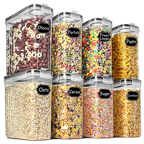 Cereal & Dry Food Storage Containers, Wildone Airtight Cereal Storage Containers Set of 8 [2.5L / 85.4oz] for Sugar, Flour, Snack, Baking Supplies, Leak-proof with Black Locking Lids