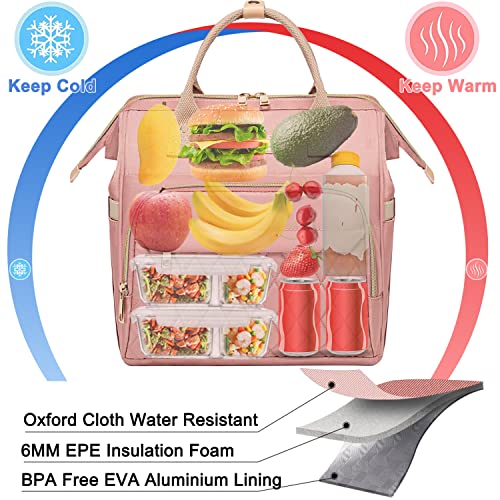 AIJIEKE Lunch Bag For Women, Cute Insulated Lunch Bag, Large Lunch Tote For Work, Leak Proof Lunch Box For Adults, Lunch Purse, Cooler Bag With Side Pockets And Shoulder Strap For Picnic Office(Pink)