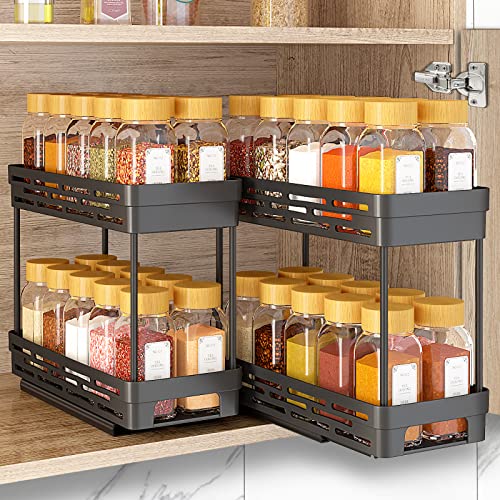 2 Packs Pull Out Spice Rack Organizer for Cabinet, Durable Slide Out Spice Racks Organizer, Easy to Install Spice Cabinet Organizers, 4.33''Wx10.43''Dx7.87'H, 2 Tier - Each Tier Can Hold 10 Spice Jars