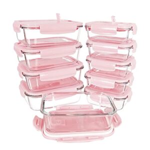 [10 packs, 20 pieces] glass food storage containers with lids (built in vent), airtight meal prep containers, glass bento boxes for home kitchen, bpa free & leak proof (10 lids & 10 containers) – pink