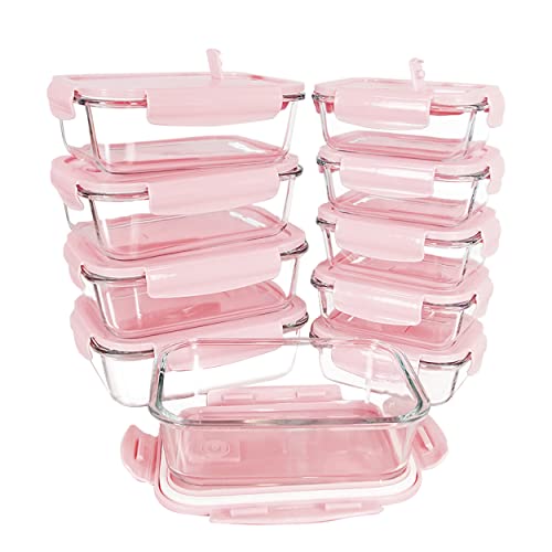 [10 Packs, 20 Pieces] Glass Food Storage Containers with Lids (Built in Vent), Airtight Meal Prep Containers, Glass Bento Boxes for Home Kitchen, BPA Free & Leak Proof (10 lids & 10 Containers) - Pink