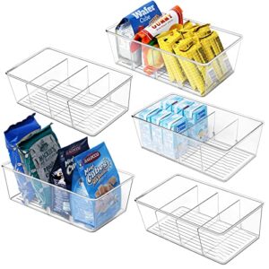 wilfox pantry organization, 5 pack clear organizer bins with removable dividers for pantry, kitchen, fridge, cabinet, stackable storage bins for snack, pouches, spice packets