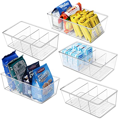 wilfox Pantry Organization, 5 Pack Clear Organizer Bins with Removable Dividers for Pantry, Kitchen, Fridge, Cabinet, Stackable Storage Bins for Snack, Pouches, Spice Packets