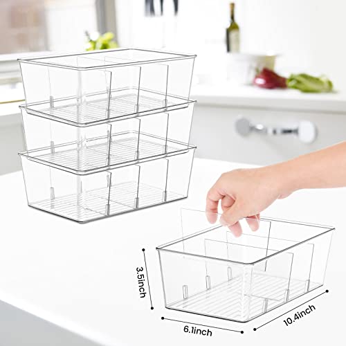 wilfox Pantry Organization, 5 Pack Clear Organizer Bins with Removable Dividers for Pantry, Kitchen, Fridge, Cabinet, Stackable Storage Bins for Snack, Pouches, Spice Packets