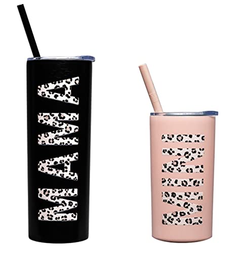 Lucky Love Mama + Mini Stainless Steel Cups for Kids and Adults - 3D Printed Leopard Insulated Tumblers with Lids and Straws Making This Mom Mug and Toddler Straw Cup Spill Proof (Black and Blush)