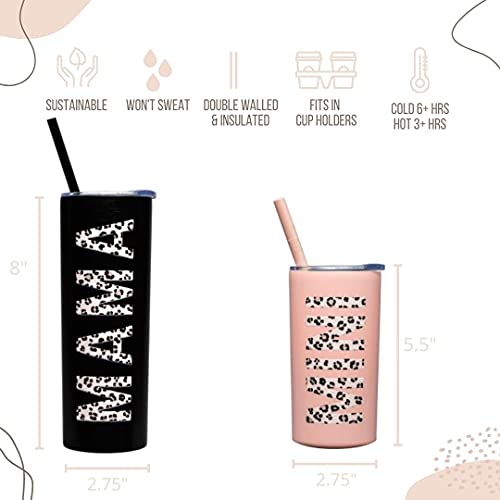 Lucky Love Mama + Mini Stainless Steel Cups for Kids and Adults - 3D Printed Leopard Insulated Tumblers with Lids and Straws Making This Mom Mug and Toddler Straw Cup Spill Proof (Black and Blush)