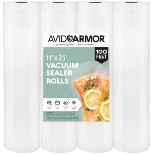 avid armor vacuum sealer bags rolls 4 pack 11″ x 25′ rolls for foodsaver, seal a meal vacuum sealer machines bpa free heavy duty for sous vide or meal prep fits inside storage compartment total 100 feet length