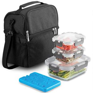 8-piece insulated lunch box set – insulated lunch bag for women men – 6-pc glass food container set, 3 glass containers leakproof locking lids & ice pack – 2-compartment cooler tote for office work