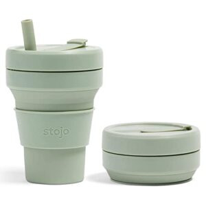 stojo collapsible travel cup with straw – sage green, 16oz / 470ml – reusable to-go pocket size silicone bottle for hot and cold drinks – perfect for camping and hiking – microwave & dishwasher safe