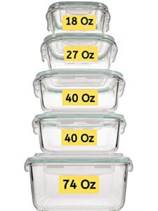 glass food storage containers 10 pc, airtight glass storage containers with lids, glass lunch bento boxes, leak proof bpa free large glass containers (5 lids, 5 containers) glass containers with lids