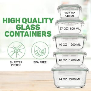 Glass Food Storage Containers 10 Pc, Airtight Glass Storage Containers with Lids, Glass Lunch Bento Boxes, Leak Proof BPA Free Large Glass Containers (5 lids, 5 Containers) Glass Containers with Lids