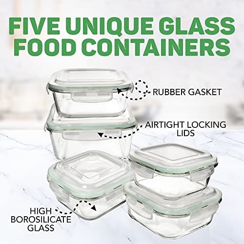 Glass Food Storage Containers 10 Pc, Airtight Glass Storage Containers with Lids, Glass Lunch Bento Boxes, Leak Proof BPA Free Large Glass Containers (5 lids, 5 Containers) Glass Containers with Lids