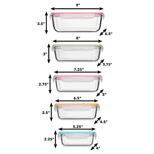 Glass Food Storage Containers 10 Pc, Airtight Glass Storage Containers with Lids, Glass Lunch Bento Boxes, Leak Proof BPA Free Glass Meal Prep Containers (5 lids, 5 Containers) Color Coordinating Lids