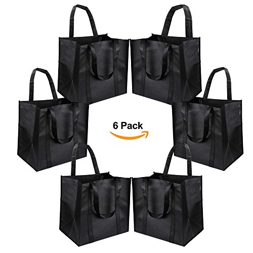 Anleo Reusable Grocery Tote Bags (6 Pack, Black) - Hold 44+ lbs - Large & Durable, Heavy Duty Shopping Totes - Grocery Bag with Reinforced Handles, Thick Plastic Support Bottom