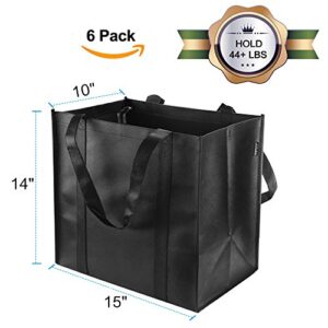 Anleo Reusable Grocery Tote Bags (6 Pack, Black) - Hold 44+ lbs - Large & Durable, Heavy Duty Shopping Totes - Grocery Bag with Reinforced Handles, Thick Plastic Support Bottom