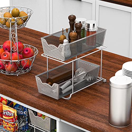 2 Pack - SimpleHouseware Cabinet 2 Tier Perforated Basket Drawer, Grey