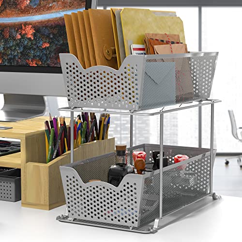 2 Pack - SimpleHouseware Cabinet 2 Tier Perforated Basket Drawer, Grey