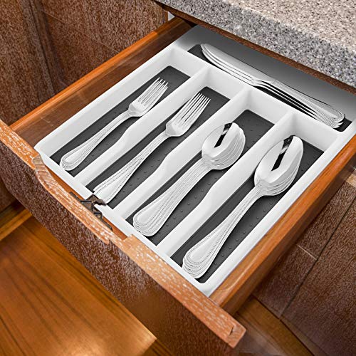 HaWare Silverware Tray for Drawer with Five Sections, Flatware Organizer/Cutlery Holder with Soft Grip Lining and Non-slip Rubber Feet, Multi-Purpose Storage for Kitchen, Office, Bathroom Supplies