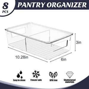 Plastic Storage Bin with Lid and Divider, ESARORA Clear Shallow Pantry Organizer with Handle for Fridge, Cabinet, Kitchen, Bedroom, Closet, Bathroom, Office, Pantry Organization, 8 Pack 10.28 inch