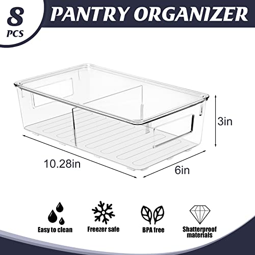 Plastic Storage Bin with Lid and Divider, ESARORA Clear Shallow Pantry Organizer with Handle for Fridge, Cabinet, Kitchen, Bedroom, Closet, Bathroom, Office, Pantry Organization, 8 Pack 10.28 inch