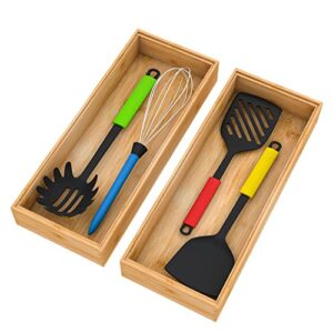 Bamboo Drawer Organizer Storage Box Kitchen - Wood Stackable Tray Utensil Organizer for Office Drawers, Cabinets, Shelves, Pantry, or Bathroom Counter, Drawer Dividers for Silverware Set of 2, 15x6x2.5 inch