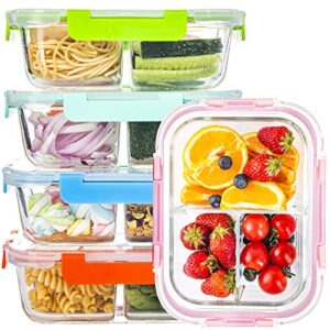 glass food storage containers 3 compartment with lids (5 pack, 34oz), divided glass meal prep containers for lunch at work, leak-proof portion control food containers, microwave/dishwasher safe