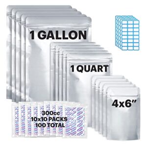 RIVUO 100 Mylar Bags For Food Storage With Oxygen Absorbers 300cc and Labels - 10.2 Mil Total/5.1 Mil Single Side Thickness - 10"x14", 6"x9", 4"x6"- 100 Oxygen Absorbers 300cc (10 Packs of 10)