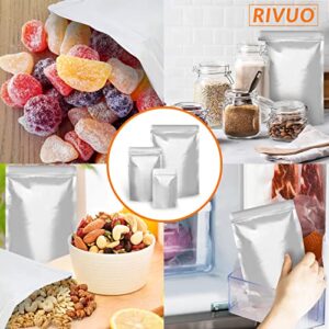RIVUO 100 Mylar Bags For Food Storage With Oxygen Absorbers 300cc and Labels - 10.2 Mil Total/5.1 Mil Single Side Thickness - 10"x14", 6"x9", 4"x6"- 100 Oxygen Absorbers 300cc (10 Packs of 10)