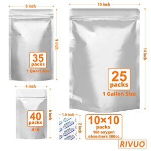 RIVUO 100 Mylar Bags For Food Storage With Oxygen Absorbers 300cc and Labels - 10.2 Mil Total/5.1 Mil Single Side Thickness - 10"x14", 6"x9", 4"x6"- 100 Oxygen Absorbers 300cc (10 Packs of 10)