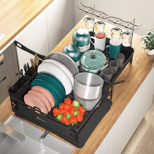 1Easylife Dish Drying Rack, 2 Pieces Large Dish Rack Drainboard Set for Kitchen Counter, Rustproof Dish Drainers with Drainboard, Adjustable Swivel Spout, Wineglass and Utensil Holder for Big Family