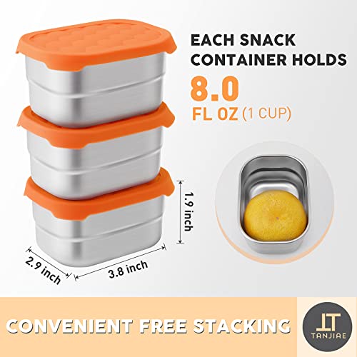 Tanjiae Stainless Steel Snack Containers for Kids | Easy Open Leak Proof Small Food Containers with Silicone Lids - Perfect Metal Toddler Lunch Box for Daycare and School (8oz)