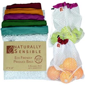 naturally sensible reusable produce bags | sturdy mesh grocery tote (5 bag set)