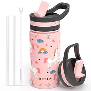 buzio insulated water bottle for kids, modern vacuum insulated hydro bottle with 2 straw lids, 14oz double walled wide mouth sports drink flask with pink unicorn patterns, simple thermo canteen mug