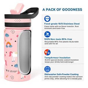 BUZIO Insulated Water Bottle for Kids, Modern Vacuum Insulated Hydro Bottle with 2 Straw Lids, 14oz Double Walled Wide Mouth Sports Drink Flask with Pink Unicorn Patterns, Simple Thermo Canteen Mug