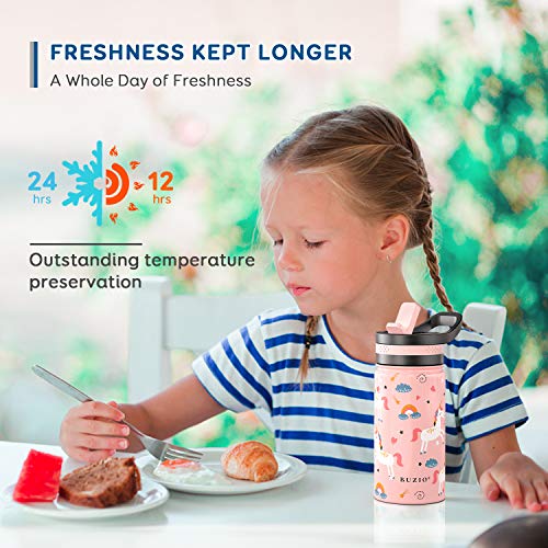 BUZIO Insulated Water Bottle for Kids, Modern Vacuum Insulated Hydro Bottle with 2 Straw Lids, 14oz Double Walled Wide Mouth Sports Drink Flask with Pink Unicorn Patterns, Simple Thermo Canteen Mug