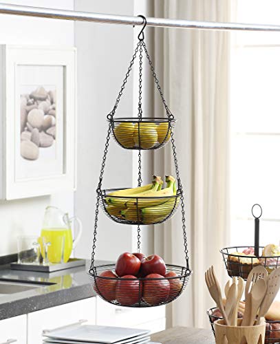 SunnyPoint 3 Tier hanging Fruit Basket, Black Coating