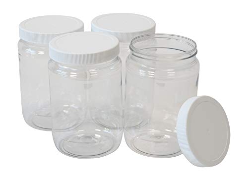 CSBD 32 Oz Clear Plastic Mason Jars With Ribbed Liner Screw On Lids, Wide Mouth, ECO, BPA Free, PET Plastic, Made In USA, Bulk Storage Containers, 4 Pack (32 Ounces)