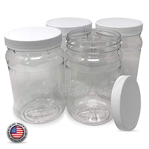 CSBD 32 Oz Clear Plastic Mason Jars With Ribbed Liner Screw On Lids, Wide Mouth, ECO, BPA Free, PET Plastic, Made In USA, Bulk Storage Containers, 4 Pack (32 Ounces)