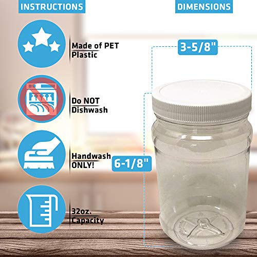 CSBD 32 Oz Clear Plastic Mason Jars With Ribbed Liner Screw On Lids, Wide Mouth, ECO, BPA Free, PET Plastic, Made In USA, Bulk Storage Containers, 4 Pack (32 Ounces)