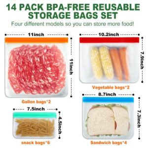 14 Pack Reusable Ziplock Bags Silicone Bags, 2 Large Food Storage Bags 2 Gallon Freezer Bags 4 Sandwich Bags Zip Lock 6 Snack Bags for Kids, Lunch Home Kitchen Fridge Organization Meal Prep Containers