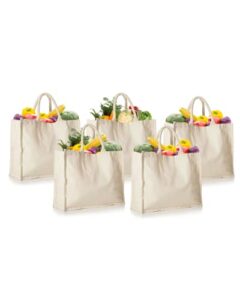 homely connect 5 pack canvas grocery shopping bags, reusable grocery bags heavy duty, reusable shopping bags for groceries, canvas grocery bags, washable, foldable, 16.5 x 13 x 7 inches