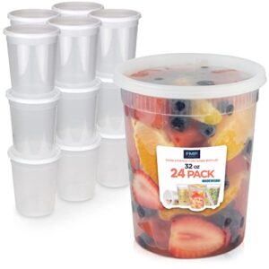 [24 pack] food storage containers with lids, round plastic deli cups, us made, 32 oz, quart size, leak proof, airtight, microwave & dishwasher safe, stackable, reusable, white