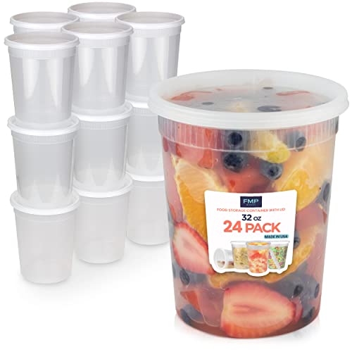 [24 Pack] Food Storage Containers with Lids, Round Plastic Deli Cups, US Made, 32 oz, Quart Size, Leak Proof, Airtight, Microwave & Dishwasher Safe, Stackable, Reusable, White