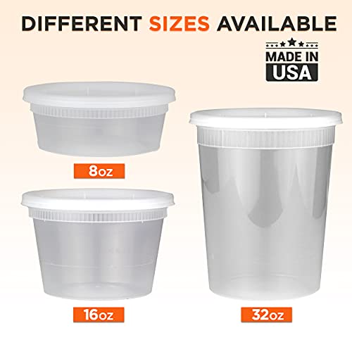 [24 Pack] Food Storage Containers with Lids, Round Plastic Deli Cups, US Made, 32 oz, Quart Size, Leak Proof, Airtight, Microwave & Dishwasher Safe, Stackable, Reusable, White