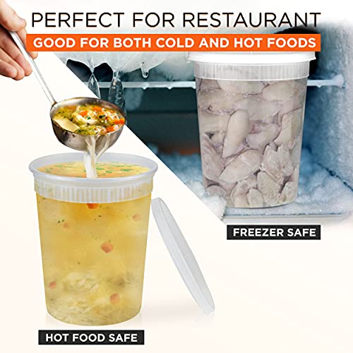 [24 Pack] Food Storage Containers with Lids, Round Plastic Deli Cups, US Made, 32 oz, Quart Size, Leak Proof, Airtight, Microwave & Dishwasher Safe, Stackable, Reusable, White